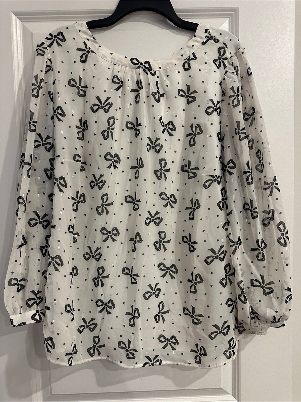 Talbots White Sheer Blouse with Black Bow Print